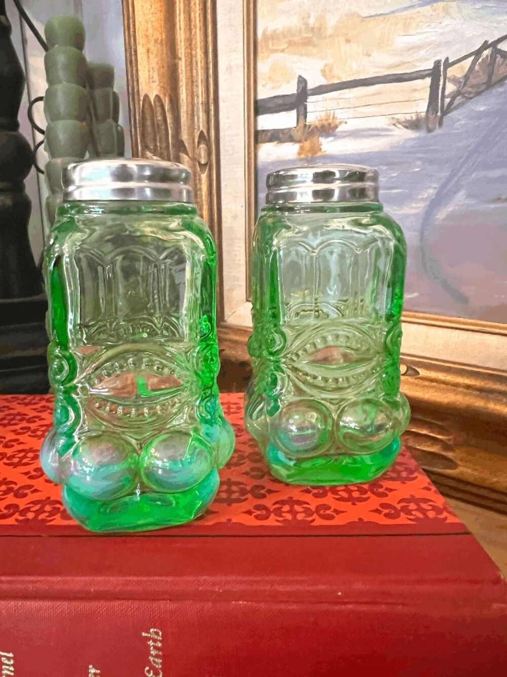Mosser Glass Green Opal Eye Winker Salt Pepper Shaker Set USA Pressed Glass